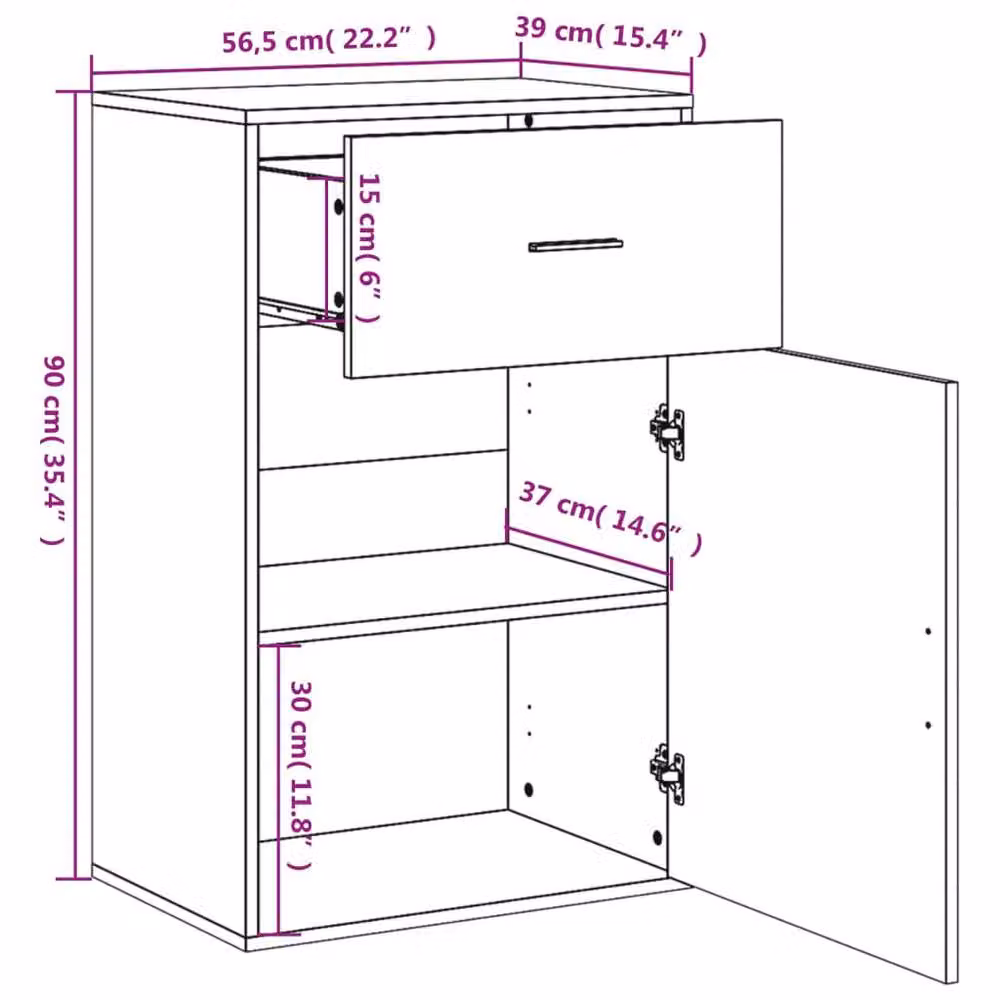 Berkfield Home Brown Oak Storage Cabinet with Hinged Doors and Drawers, W: 56.5 cm, D: 39 cm, H: 90 cm – 8
