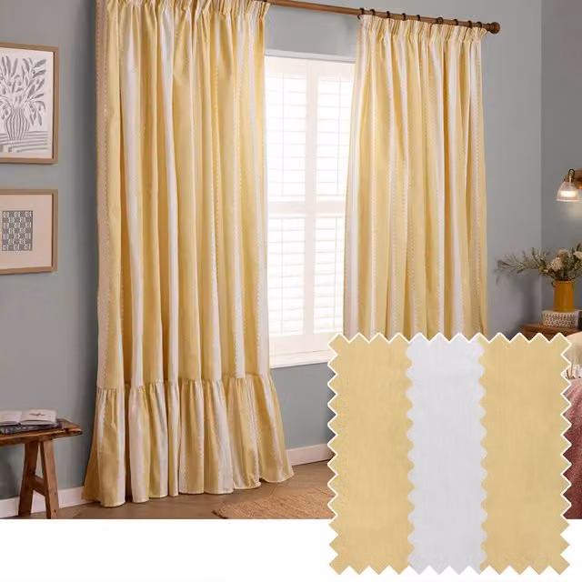 Wylder Birdie Stripe Fully Lined Ruffle Pencil Pleat Curtain Pair in Bright Yellow, Width: 168 cm, Drop: 229 cm