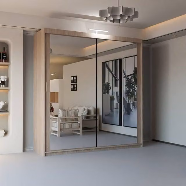 Sliding Wardrobes 4U Modern Mirror Sliding Wardrobe with Integrated LED Light in Light Oak, W: 100 cm, H: 217 cm