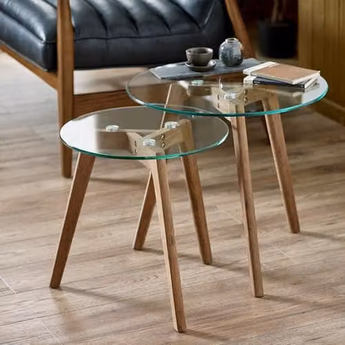 Julian Bowen Bryant Round Glass Top Nest of 2 Side Tables in Light Oak – 1