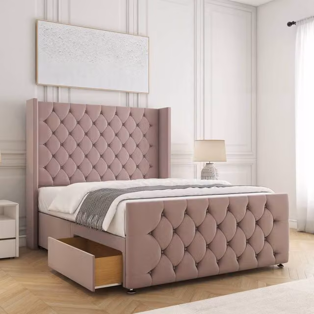 BSSPOKE Florida Double Divan Bed with 2 Drawers, Velvet Upholstered Headboard and Mattress in Pink, W/D/H: 140 x 200 cm