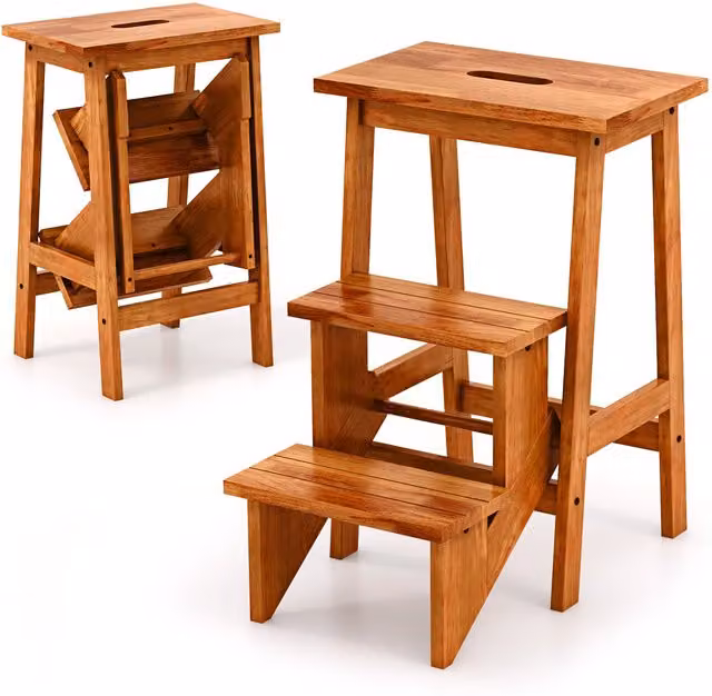 COSTWAY 3-Tier Folding Step Stool in Brown Lacquered Rubberwood