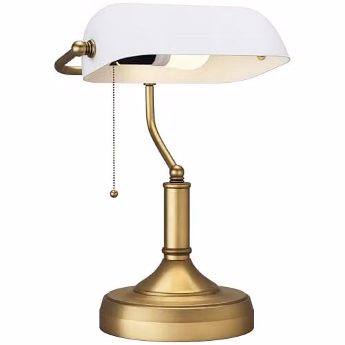 HOMCOM Vintage Banker's Table Lamp with Glass Shade in White and Bronze
