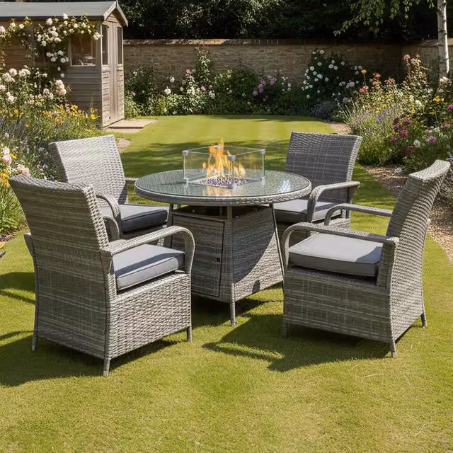Oseasons Windsor 4 Seat Rattan Firepit Dining Set in Mixed Grey