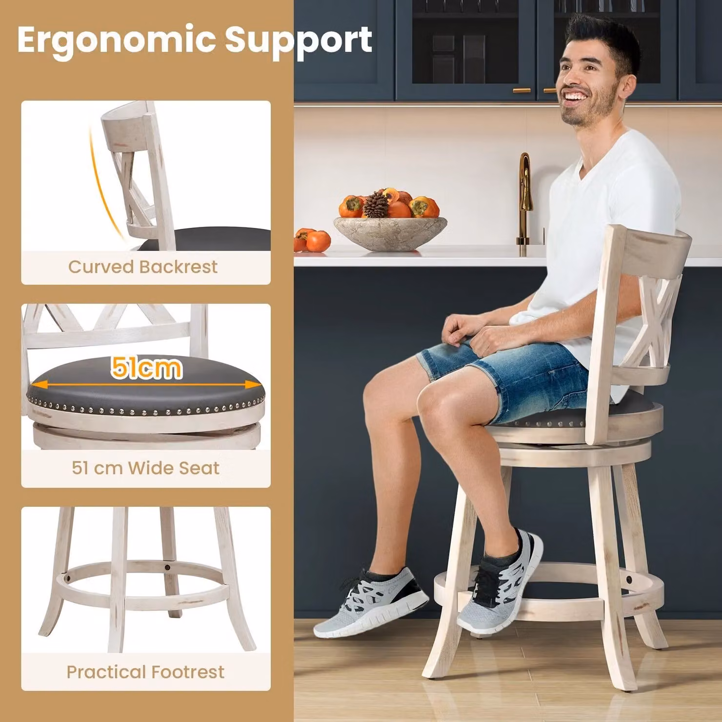 Costway Set of 2 White Upholstered Counter Height Bar Stools with 360 Degree Swivel Seats – 2