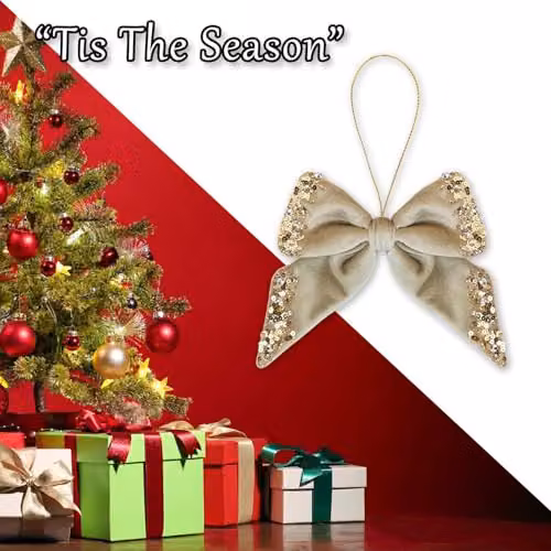 VFM e-Store Christmas Velvet Bow Hanging Decoration, Gold and Green, H 23 cm x W 18 cm – 4