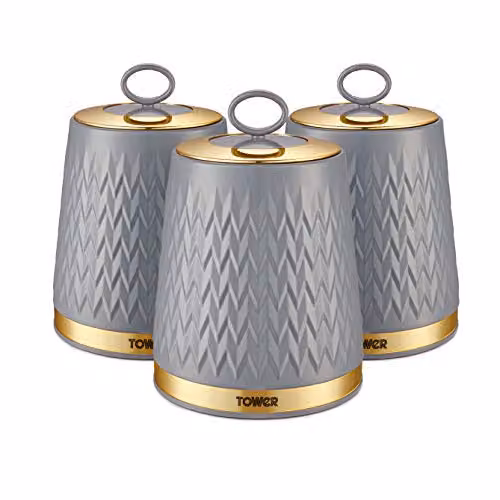 Tower Empire Set of 3 Geometric Ceramic Airtight Storage Canisters for Tea, Coffee and Sugar, Grey, Gold and Bronze, 1.3 l