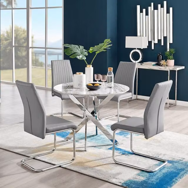FurnitureboxUK Novara White Marble Effect Round Dining Table with 4 Grey Lorenzo Chairs