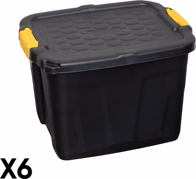 Samuel Alexander 6 Pack of 42L Heavy Duty Lockable and Stackable Plastic Storage Tubs with Clips in Black – 9