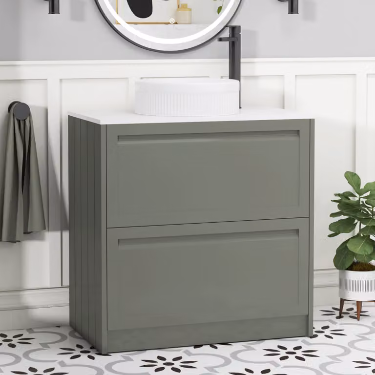 Royal Bathrooms Elmore 800mm Matt Green Floor Standing Vanity Unit with 2 Drawers, Plain White Worktop and Round Basin