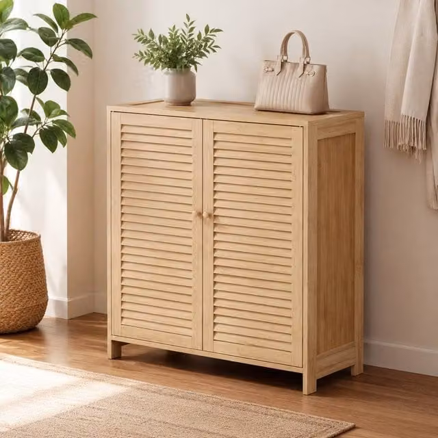 STILVORA Scandinavian Bamboo Shoe Cabinet with Hinged Doors and Internal Shelves in Sand – 1