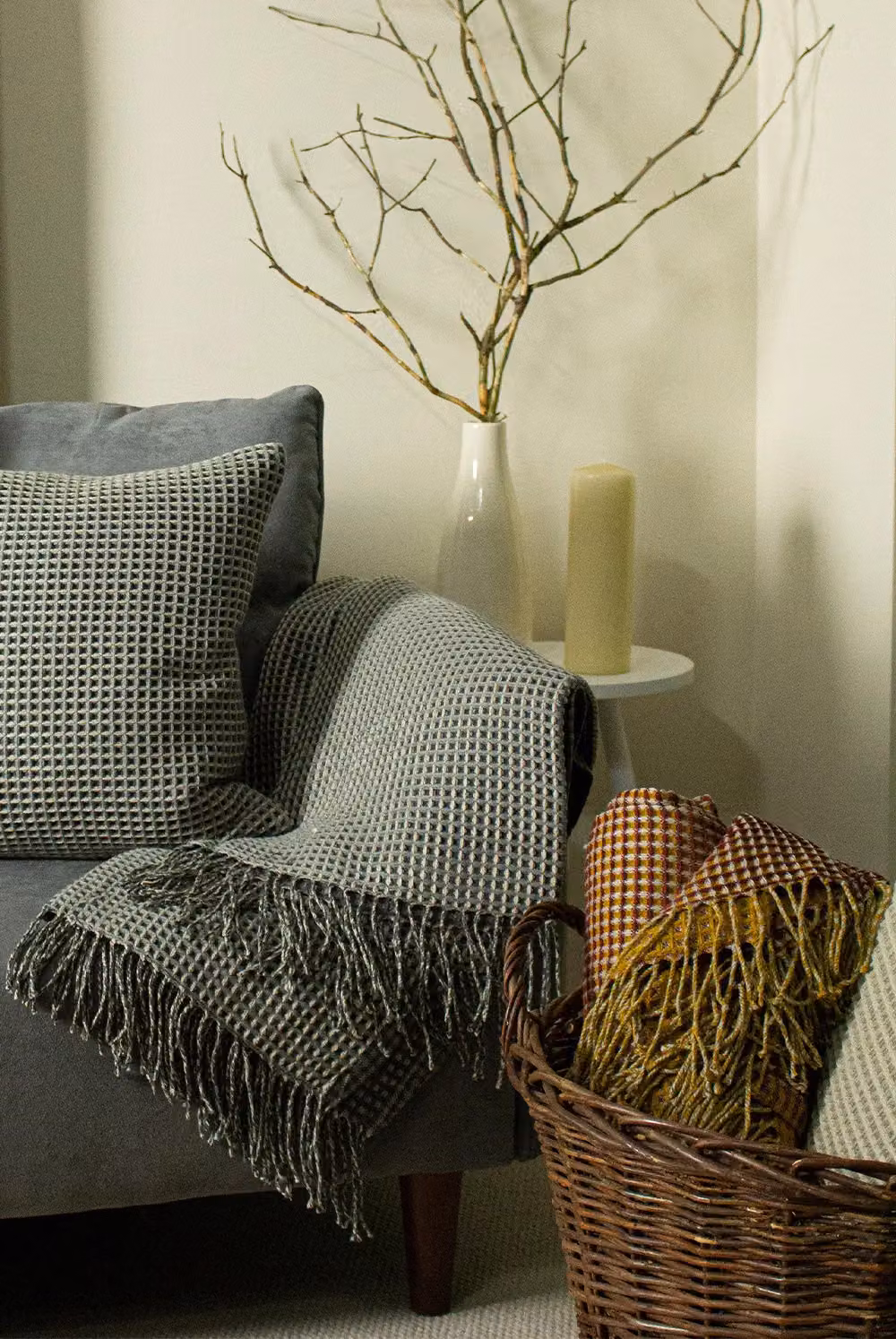 Furn Rowan Multi-Tonal Waffle Pique Throw with Fringes in Charcoal Grey – 3
