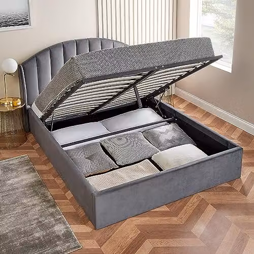 Home Treats Grey Velvet Single Ottoman Storage Bed with Curved Winged Headboard, W/D/H: 90 x 190 x 108 cm