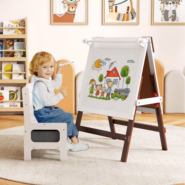 Costway Kids Dual-sided Art Easel with Chair and Whiteboard, Brown Wood