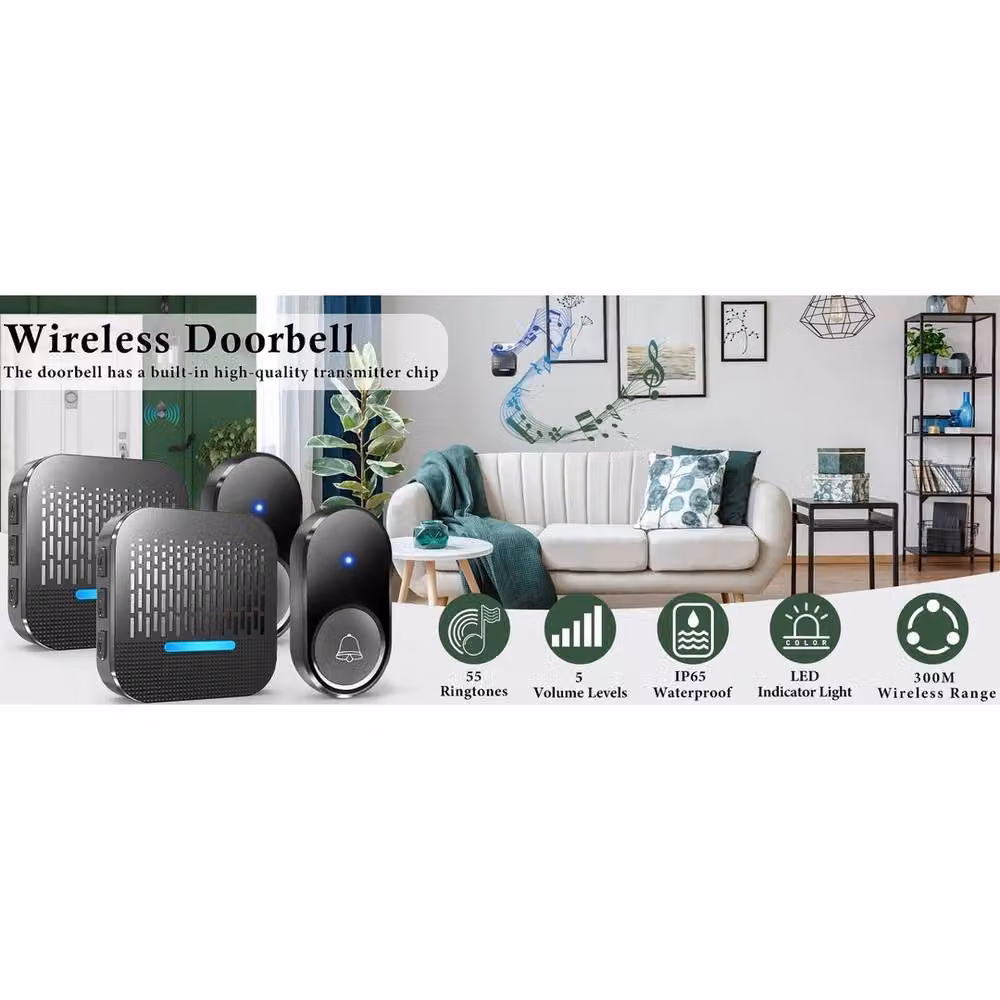 FLAVORA Plug-in Wireless Doorbell, Waterproof, Black – 6