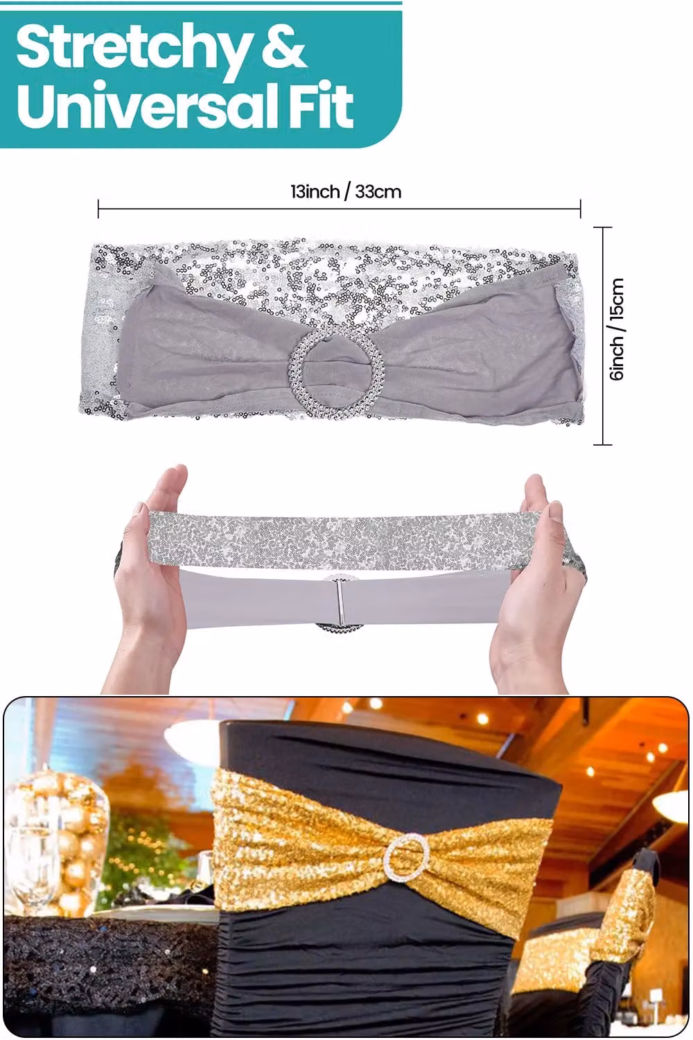 Neel Blue Sequin Chair Band with Silver Slider Buckle and Stretchy Textile Fabric Sash – 2