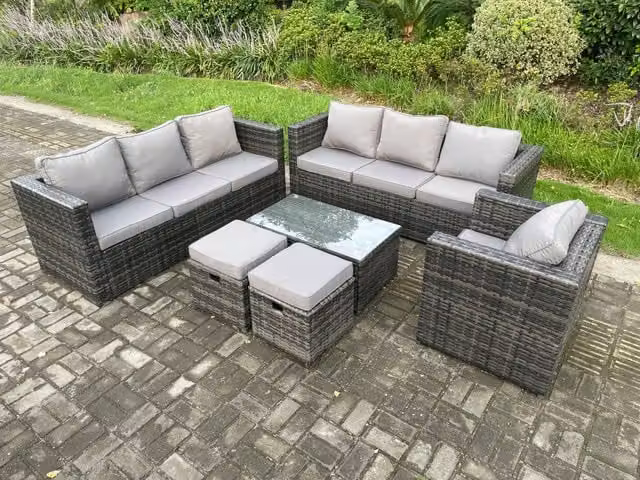 Fimous Dark Grey PE Rattan Garden Furniture Set with 3-Seater Sofa, Armchair, Ottoman and Coffee Table