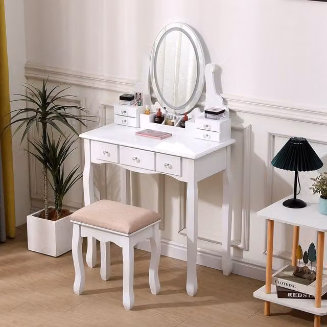 Livingandhome Modern Glossy White Makeup Vanity Desk Set with Hollywood LED Lighting