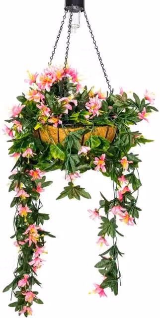 Primrose Artificial Hanging Basket with Pink Durantas and Solar LEDs in Red