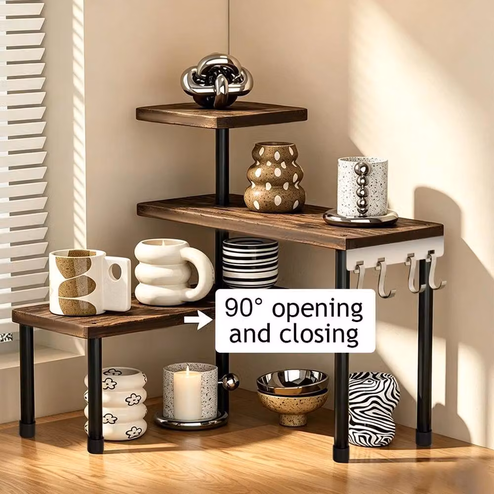 KORVIXA 3 Tier Corner Shelf Unit in Brown with Adjustable Shelves – 3
