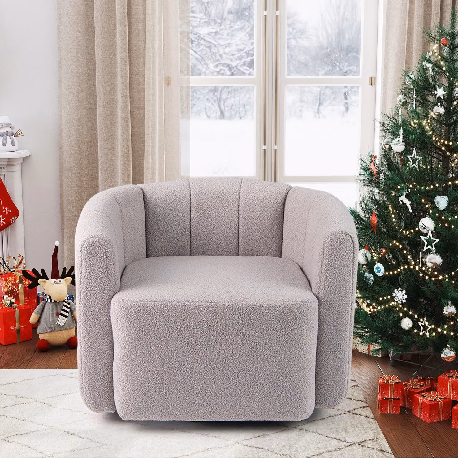 Gymax White Sherpa Bouclé Swivel Barrel Accent Chair with Solid Wood Frame – 4
