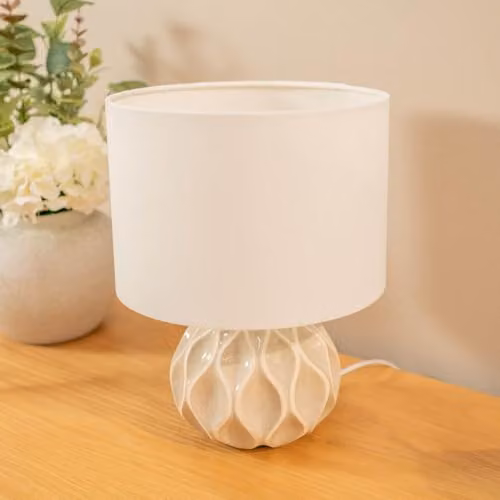 ValueLights Set of 2 Natural Textured Ceramic Table Lamps with Beige Fabric Lampshades – 2