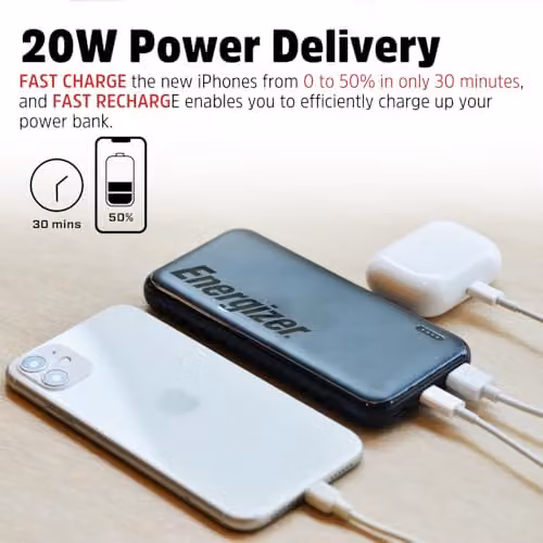 Energizer Black Power Bank 10,000mAh with USB-A and USB-C Triple Fast-Charging Ports – 4