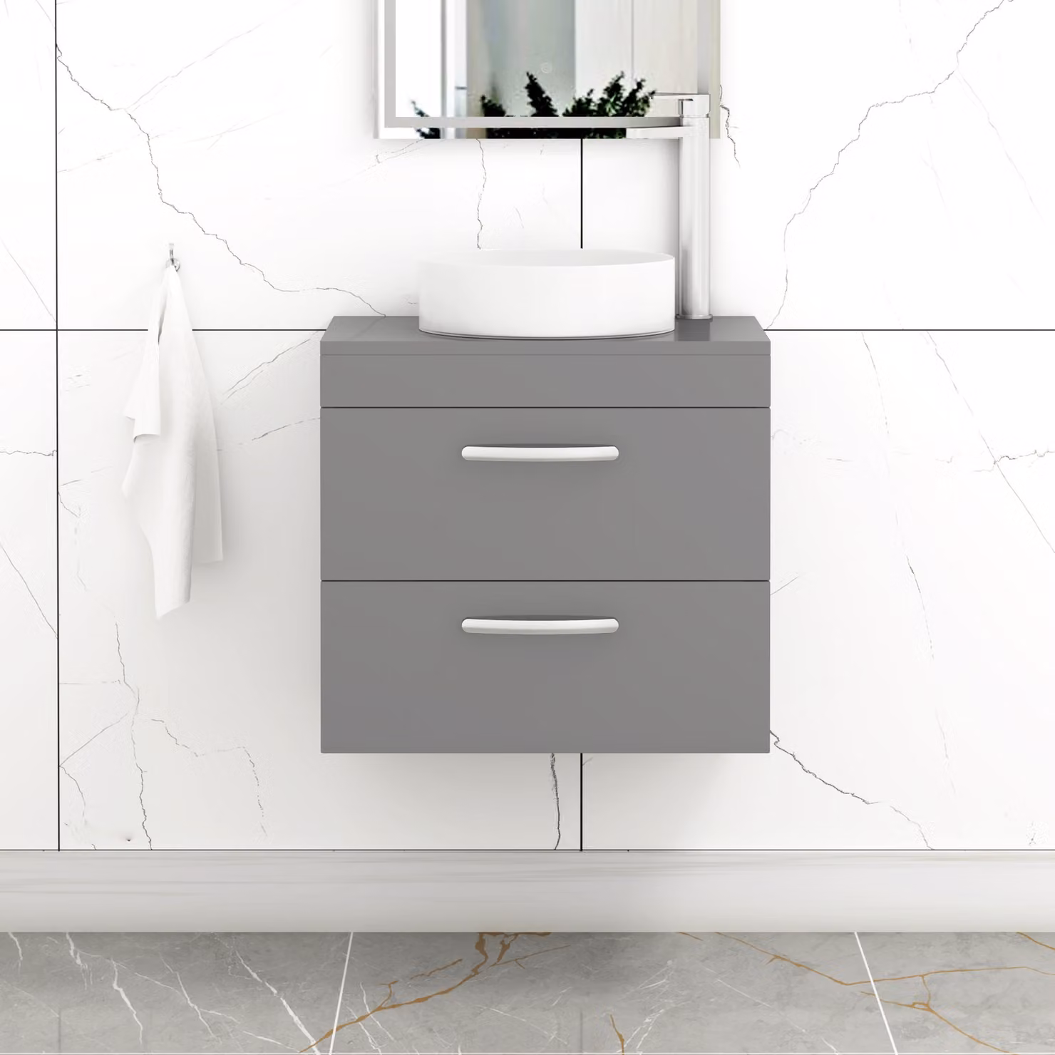 Royal Bathrooms Turin 600mm Wall Hung Vanity Unit with 2 Drawers and Countertop Basin in Indigo Grey Gloss