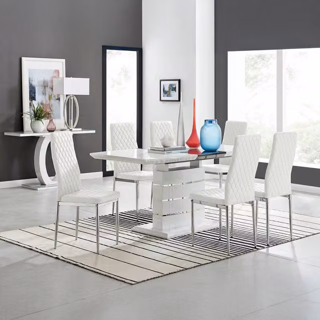 FurnitureboxUK Renato White High Gloss Extending Rectangular Kitchen Dining Table and 6 Milan Chairs Set