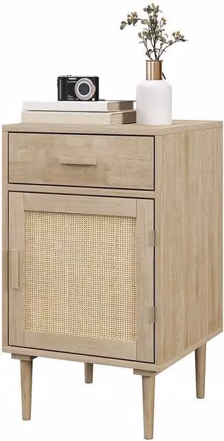 KORVIXA Bedside Table with Rattan Drawer in Beige, W/D/H: 100 x 100 x 68.5 cm – 1