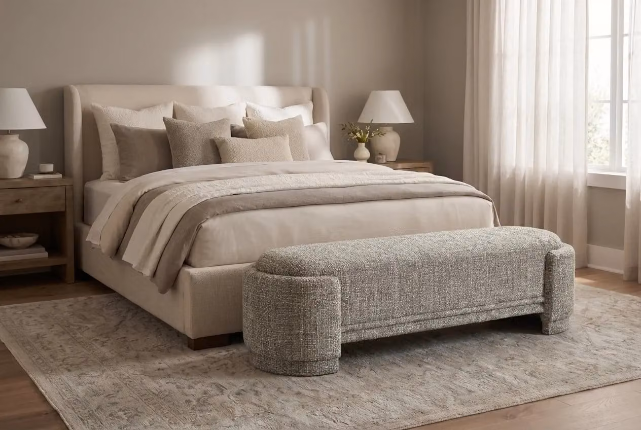 Araco Atelier Luma Bench in Ashlar Beige and Grey Fabric