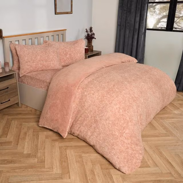 OHS Teddy Marl Fleece Duvet Set and Pillowcase in Pink, 180 x 200 cm