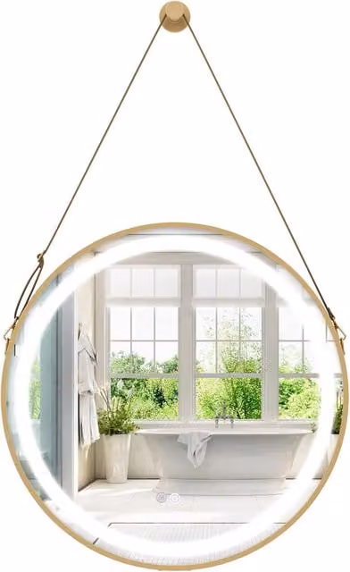 Gymax LED Bathroom Wall Mirror with Hanging Strap, Gold, W: 60 cm x H: 60 cm