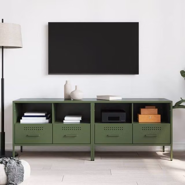 Berkfield Home Set of 2 Modern Metal TV Cabinets in Olive Green, W/D/H: 68 x 39 x 50.5 cm