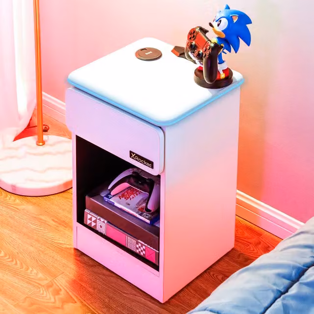 X Rocker CARBON-TEK Bedside Table with Wireless Charging and LED Lights in White