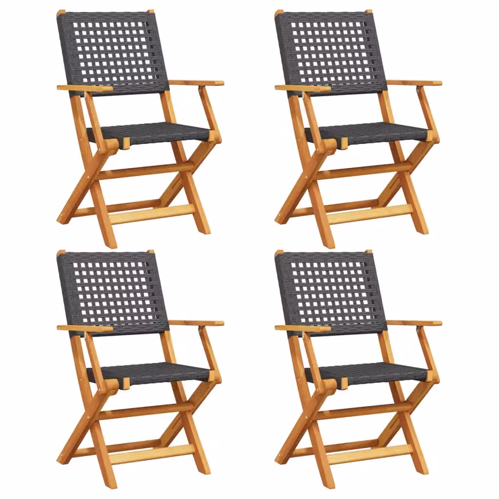 Berkfield Home Set of 4 Folding Garden Chairs in Black Poly Rattan and Acacia Wood – 2