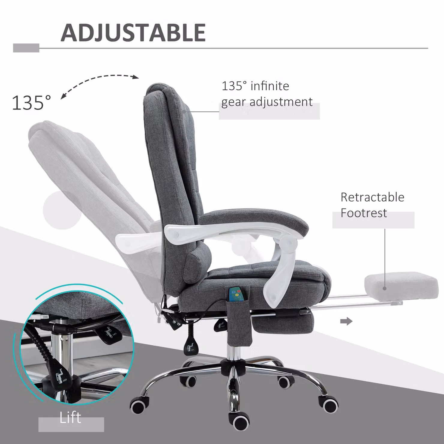 Vinsetto Ergonomic Heated 6-Point Vibration Massage Office Chair in Grey Microfibre – 4