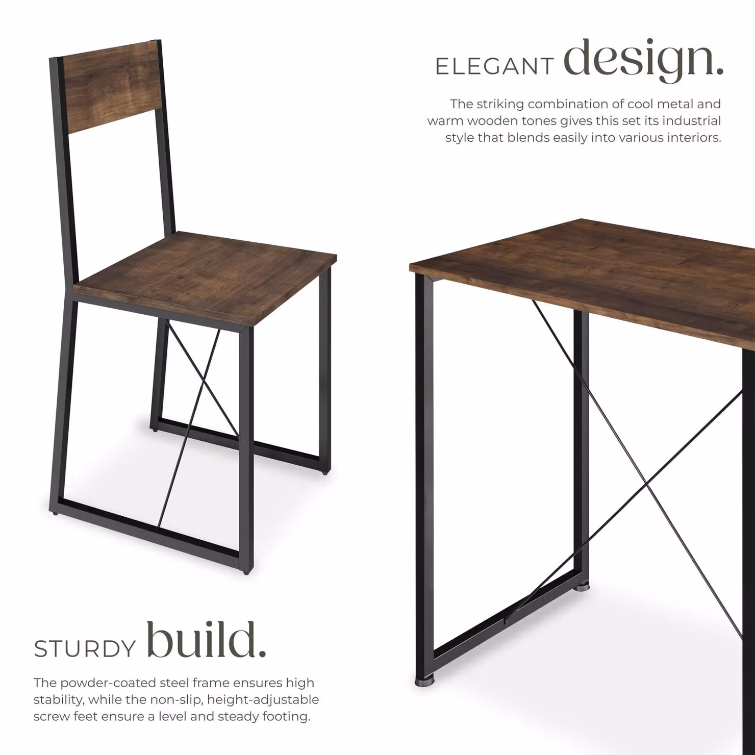 TECTAKE Margate 3-Piece Dining Table and Chairs Set in Brown and Black Industrial Style – 3