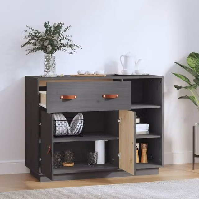 Berkfield Home Grey Solid Wood Pine Sideboard, W/D/H: 98.5 x 40 x 75 cm