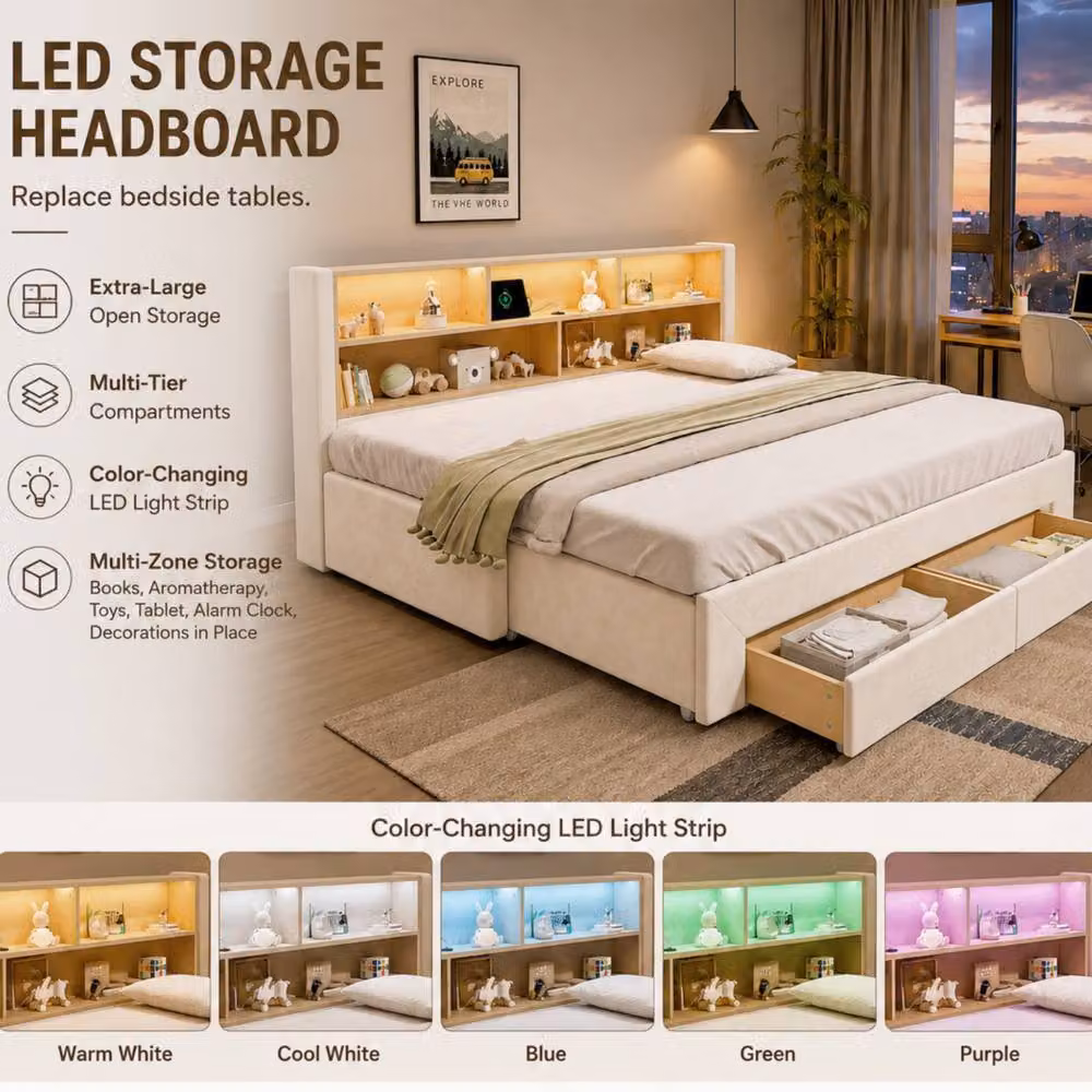 BTM Single Velvet Pull-Out Guest Bed with LED Lighting and Storage Drawers, Beige, W/D/H: 90 x 190 x 82.5 cm – 5