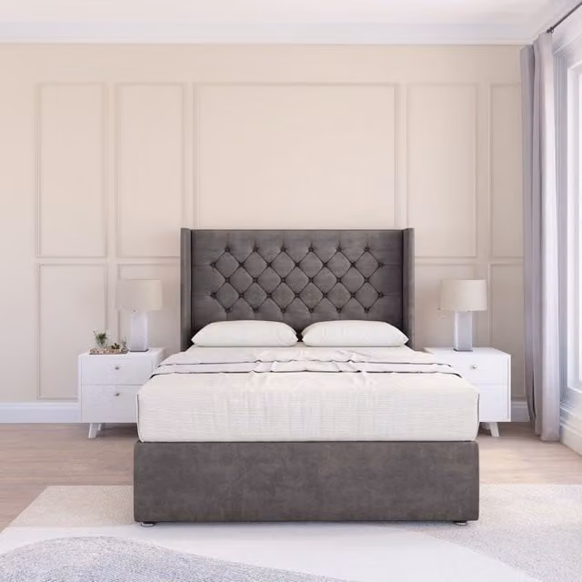 Sloomy Dior Naples Wingback Bed Set in Grey Velvet with Floor Standing Headboard, W/D/H: 140 x 200 cm