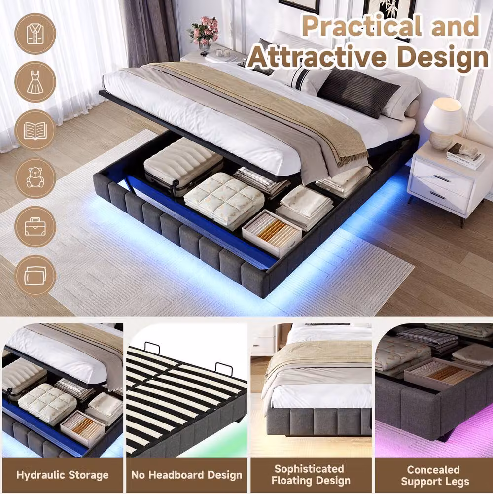 STILVORA Double Bed Frame with Storage and LED Lighting in Grey Linen, W/D/H: 140 x 200 cm – 5