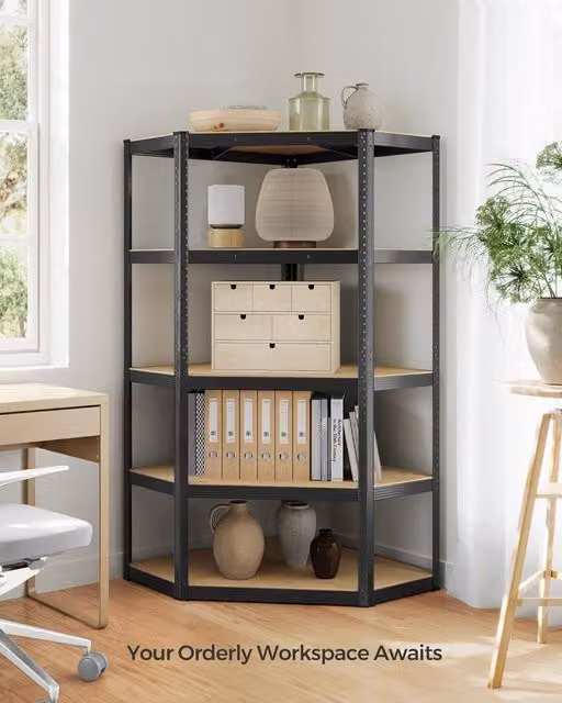 SONGMICS Heavy Duty 5 Tier Metal Corner Shelf for Garage or Shed, Black