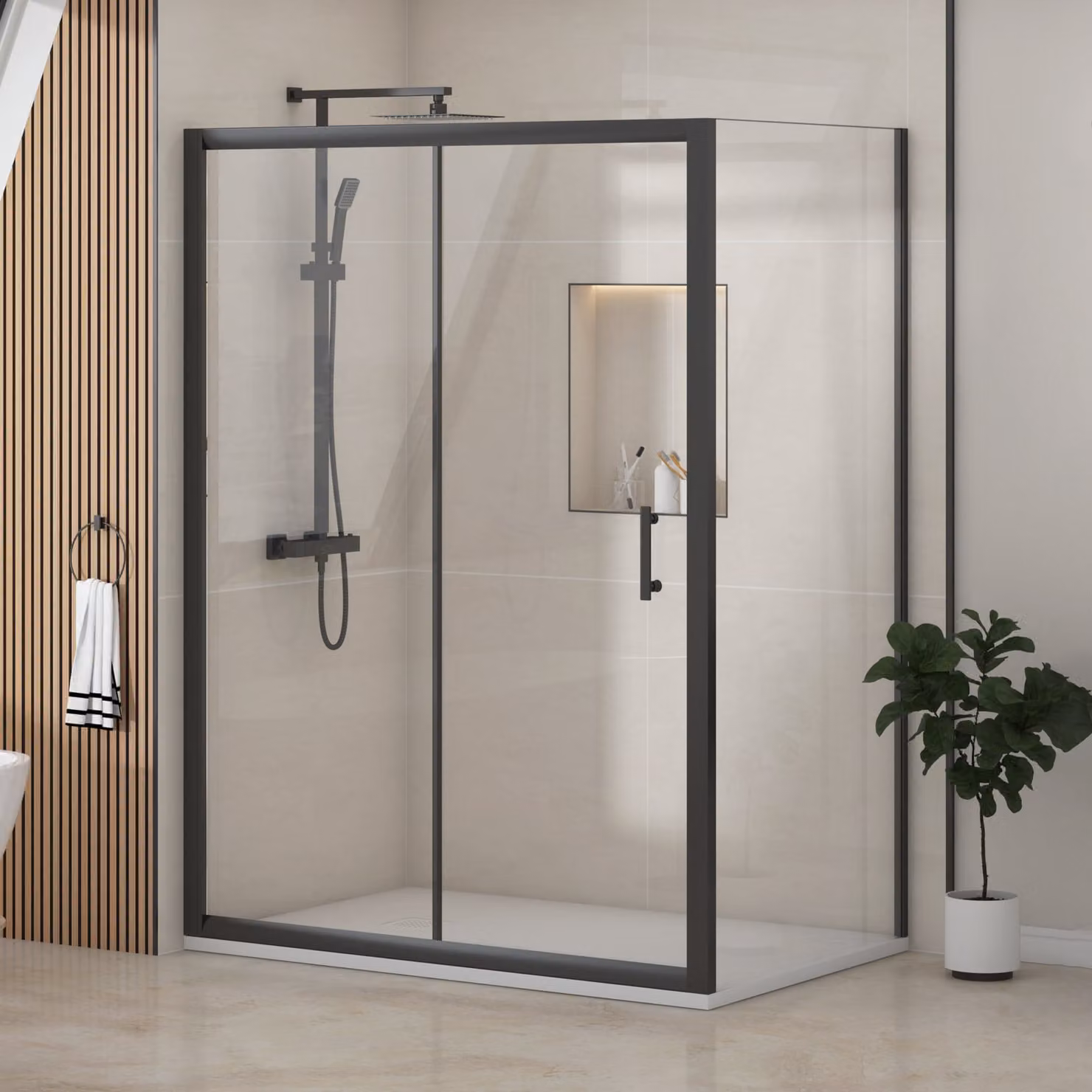Royal Bathrooms Milan Sliding Door Shower Enclosure with Side Panel and White Slate Effect Stone Shower Tray, Matt Black, W: 140 cm x D: 70 cm, 6mm Glass