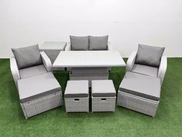 Fimous 9 Piece Rising Dining Table Set with Reclining Chairs and Inclining Love Sofa in Light Grey