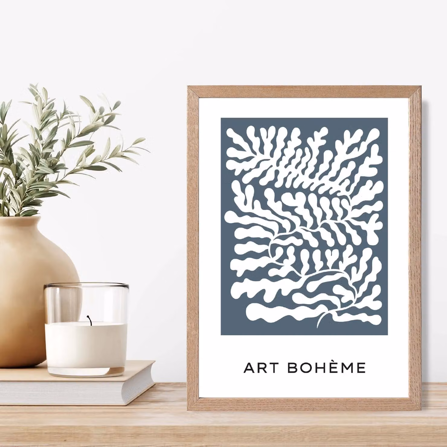 ARTZE Matisse Style Blue and White Floral Cutout Framed Print with Oak Frame – 2