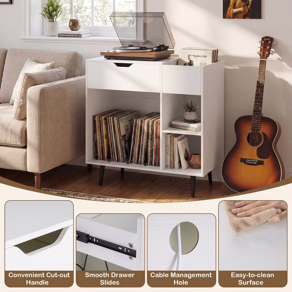 Costway Wooden Record Player Stand and Turntable End Table with Built-In Power Strip in White – 3