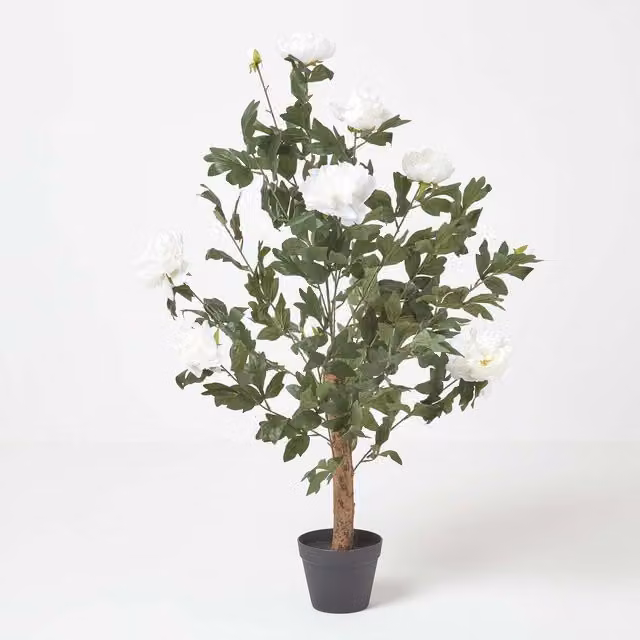Homescapes White Artificial Peony Tree in Black Pot, Height: 100 cm