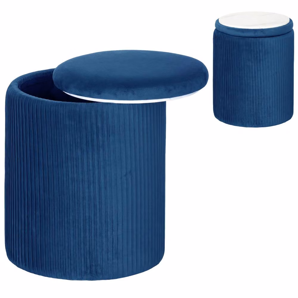 HOMCOM Round Storage Ottoman with Removable Cover in Blue – 2