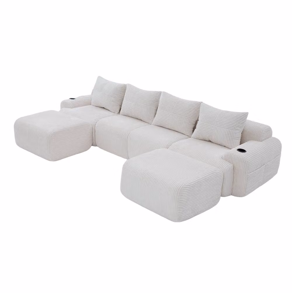 STILVORA 4-Seater Modular L-Shape Sofa with Cup Holders and Storage Pockets in Beige – 2